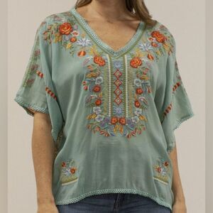 Kyla Seo Mint Green Floral Embroidered Patchwork Blouse Sz S Bohemian Western